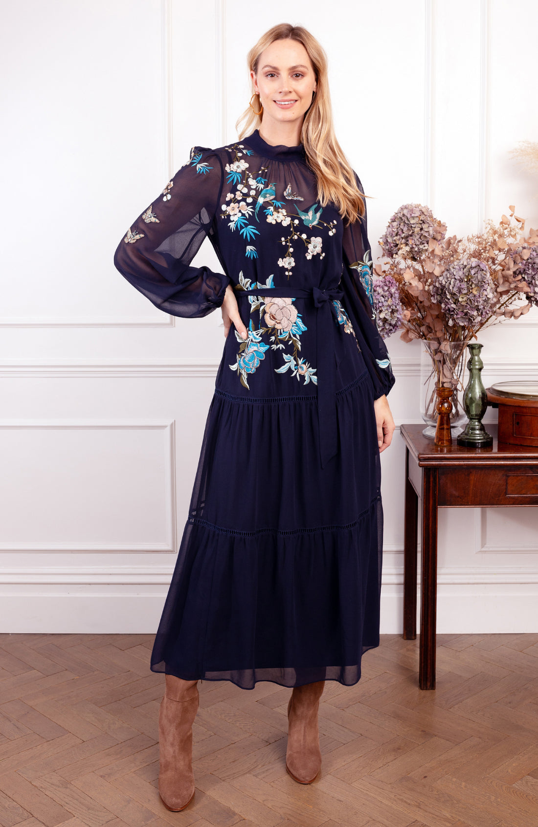 The Reine Embroidered Blouson-Sleeve Midi Dress (Navy) | Love Cherish | Dress The Reine Embroidered Blouson-Sleeve Midi Dress (Navy) | Love Cherish | Dress