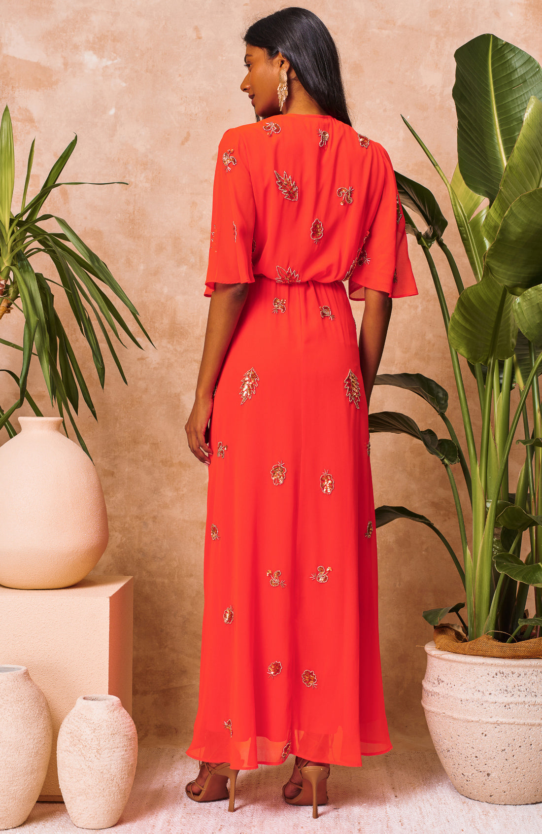 The Alana Embellished Flutter Sleeve Maxi Wrap Dress (Orange)