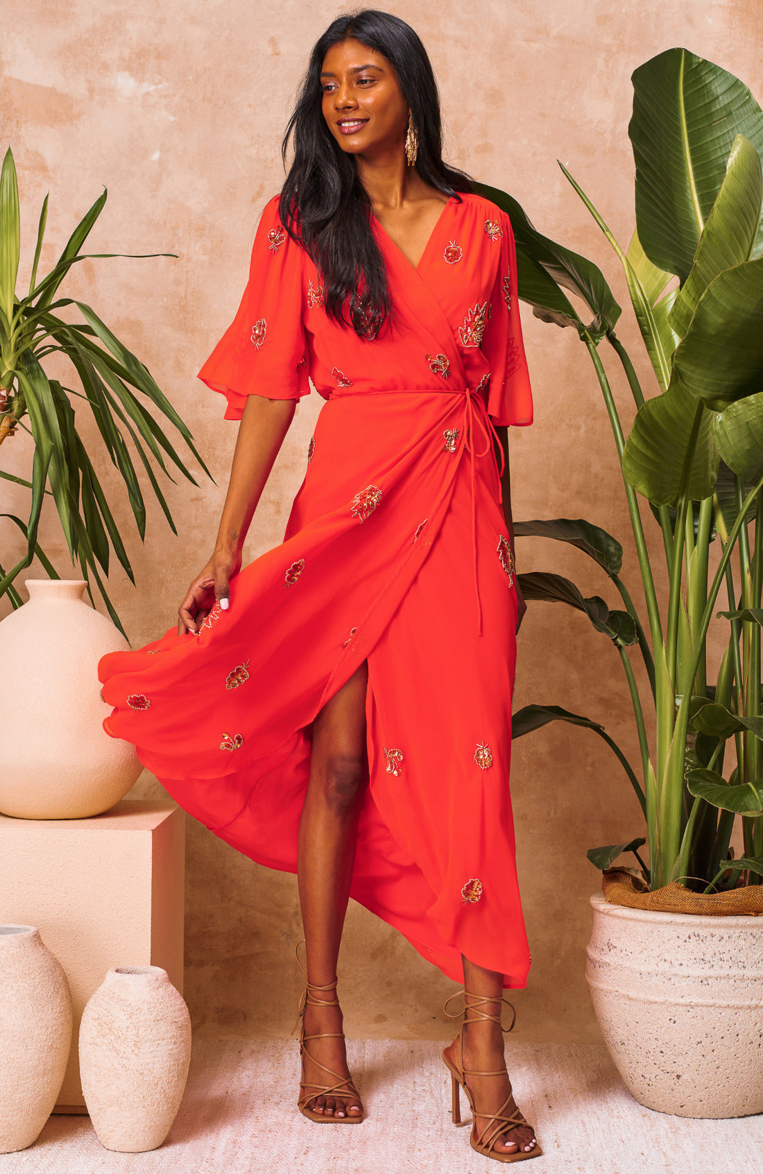 The Alana Embellished Flutter Sleeve Maxi Wrap Dress (Orange)