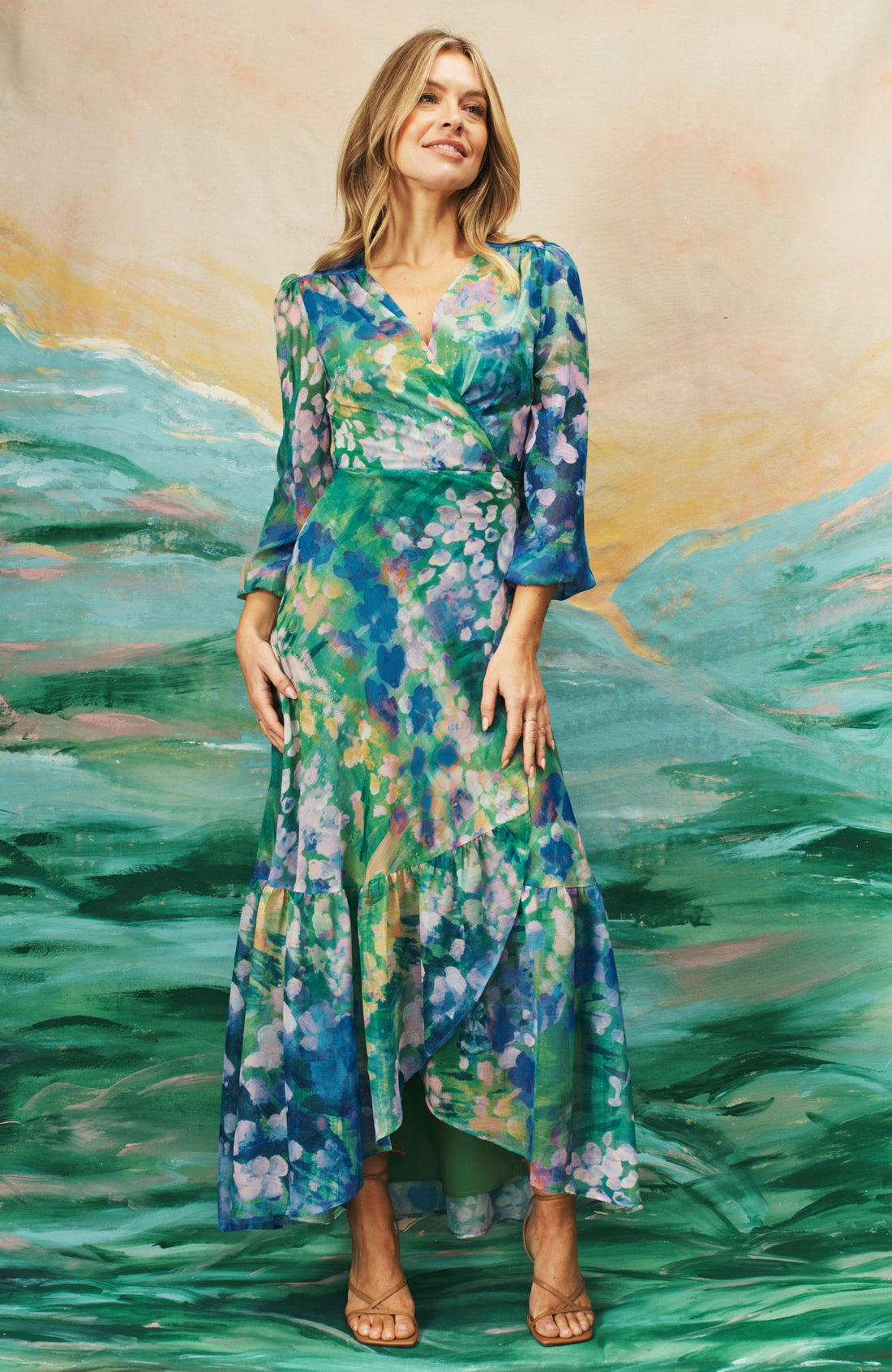 The Bluebell Floral Print Blouson Sleeve Maxi Wrap Dress (Blue)