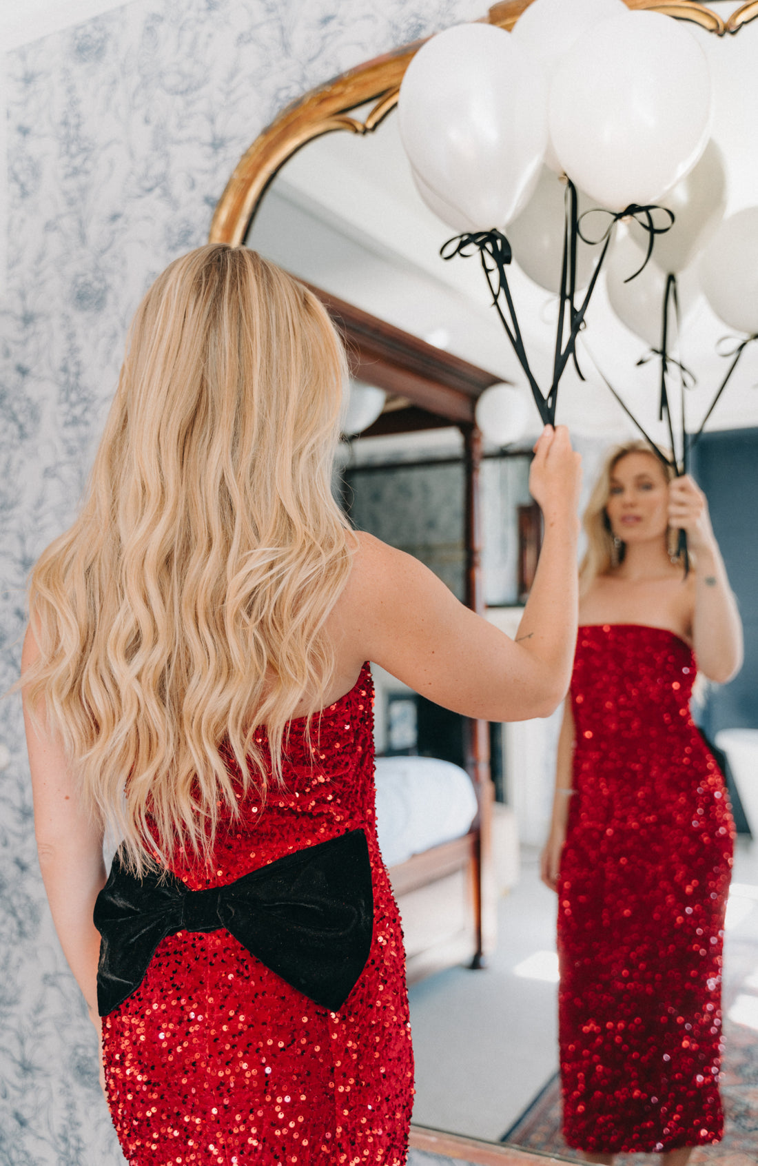 The Clarette Strapless Sequin Midi Dress (Red)