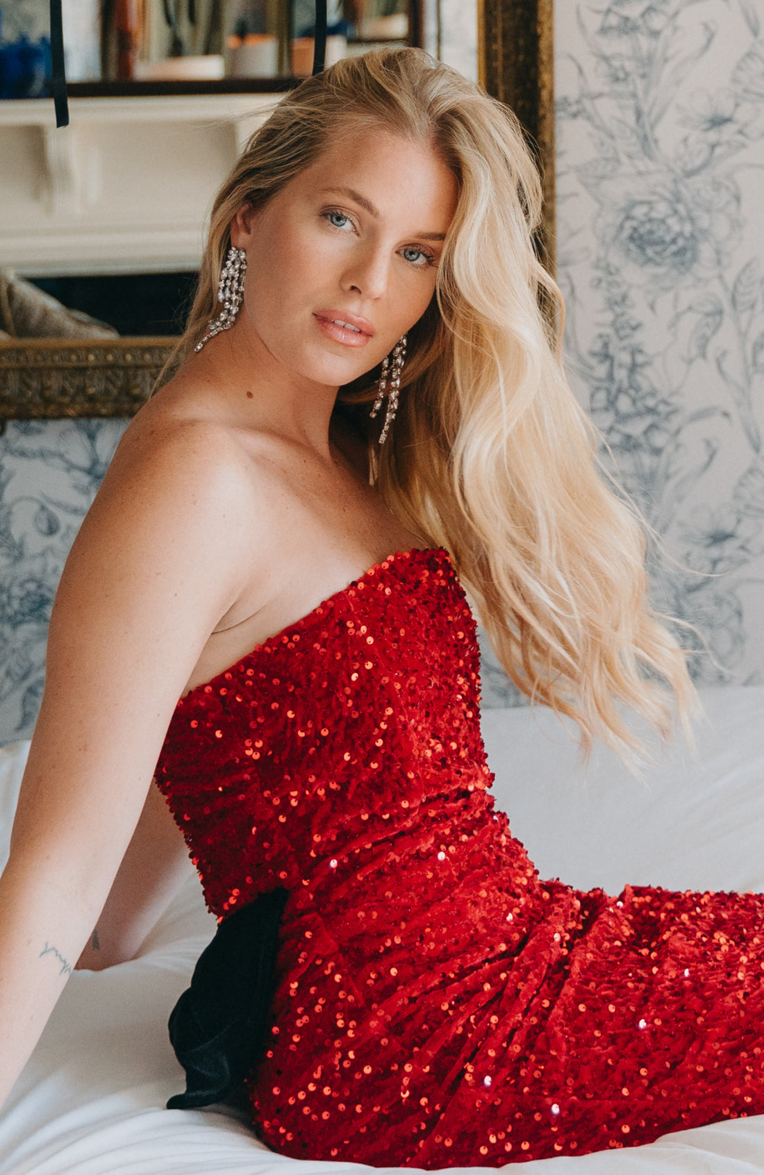 The Clarette Strapless Sequin Midi Dress (Red)