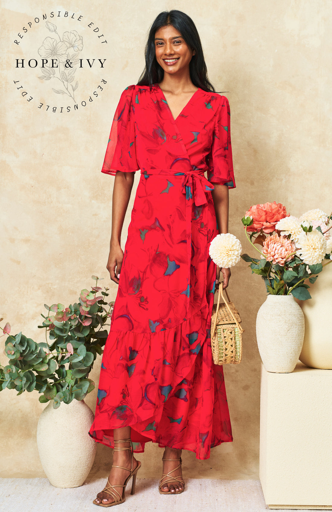The Delia Flutter Sleeve Maxi Dress (Red)