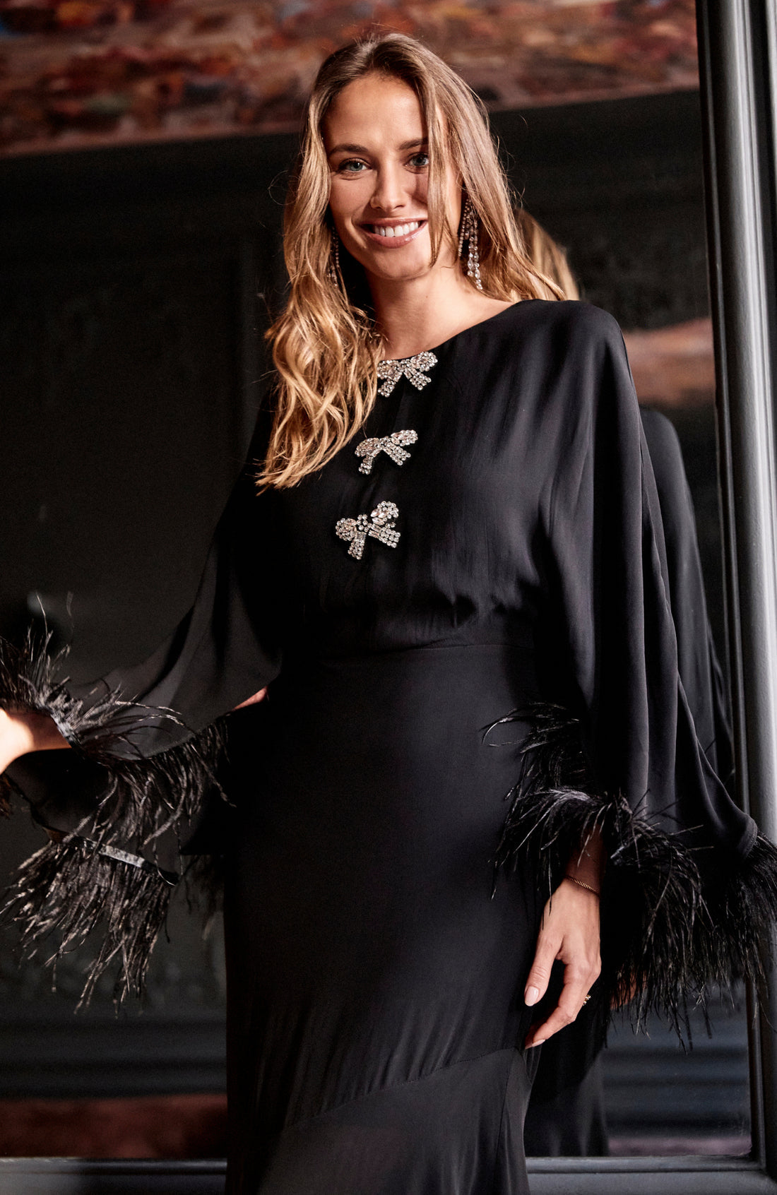 The Helena Feather Trim Midi Dress (Black)