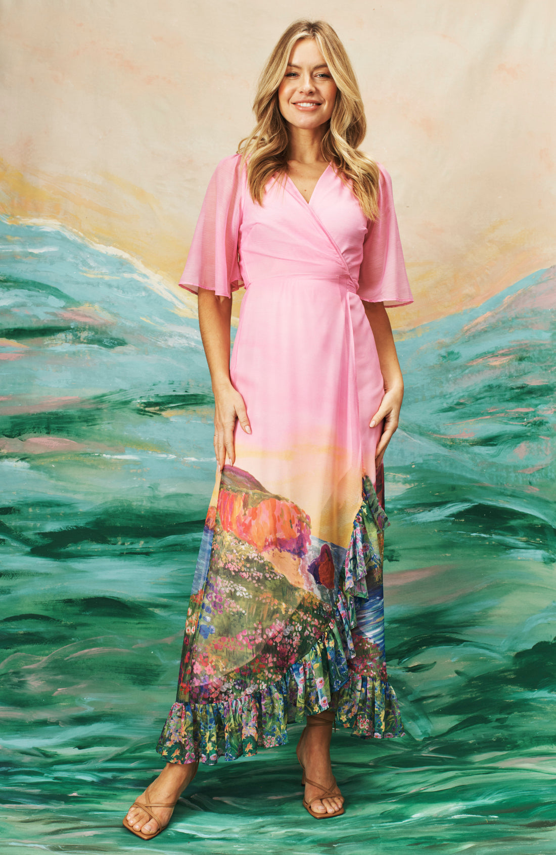 The Iris Printed Flutter Sleeve Maxi Wrap Dress (Pink)