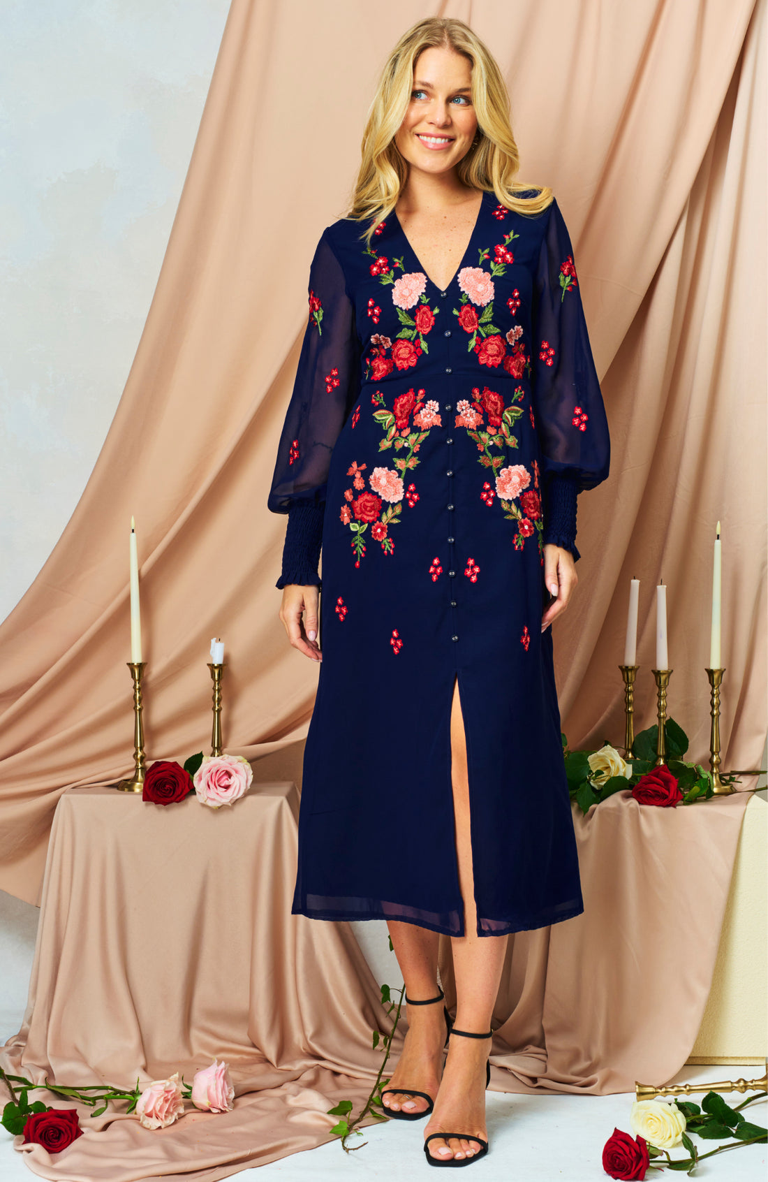 The Jodie Embroidered V-Neck Midi Dress (Navy)