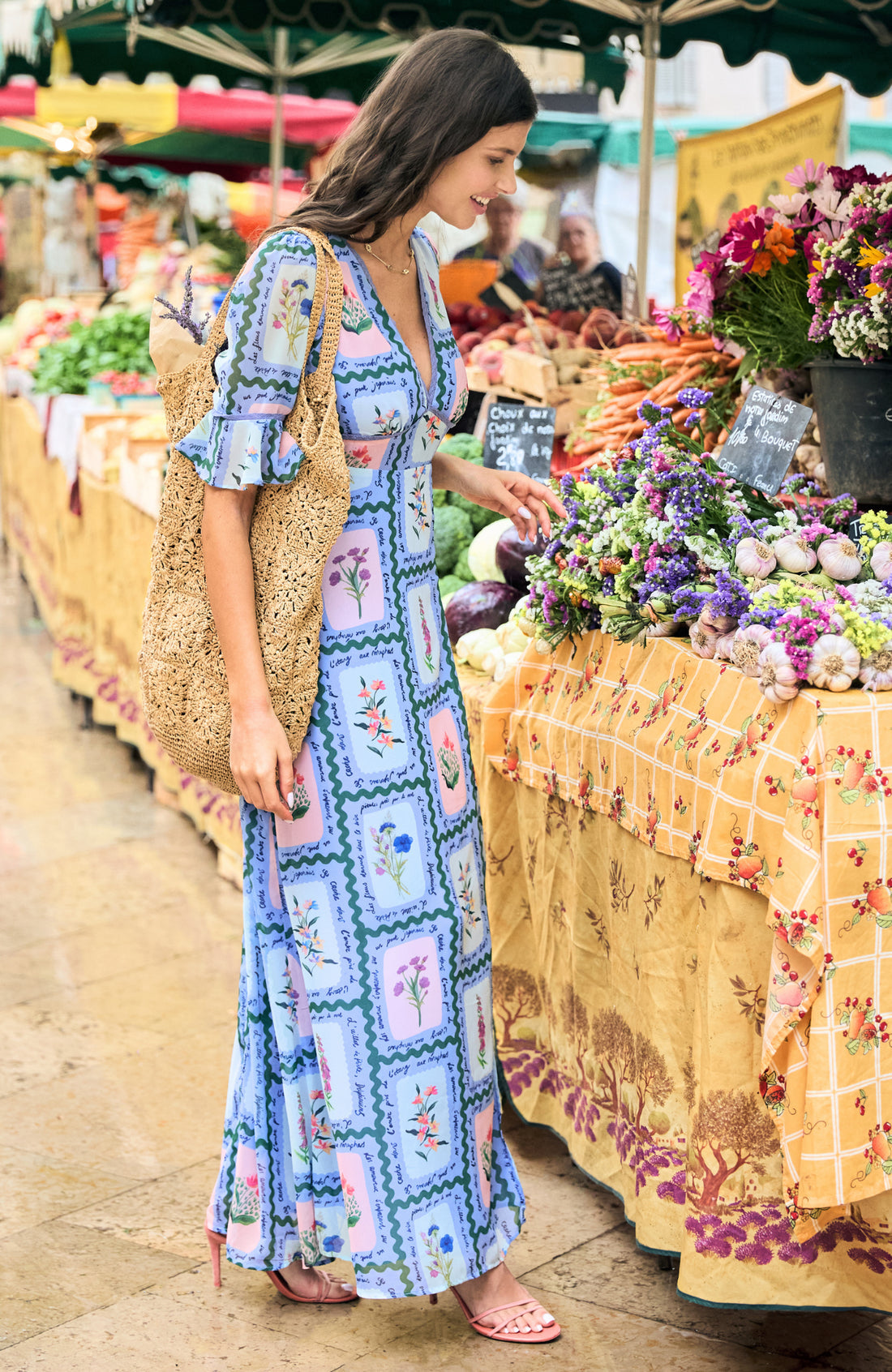 The Selena Frill Sleeve Open Back Maxi Dress (Blue)