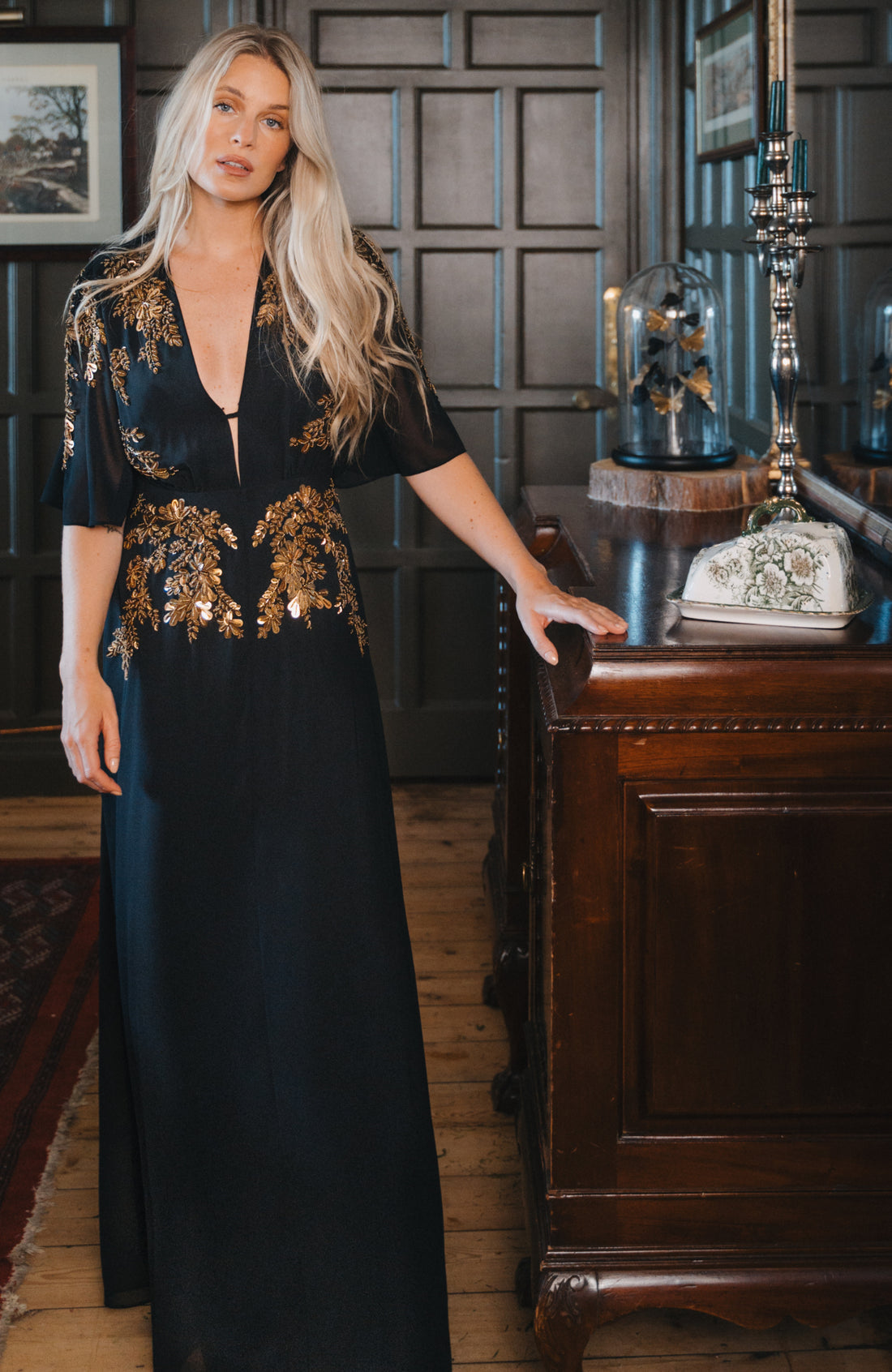 The Shay Plunge Front Embellished Maxi Dress (Black/Gold)