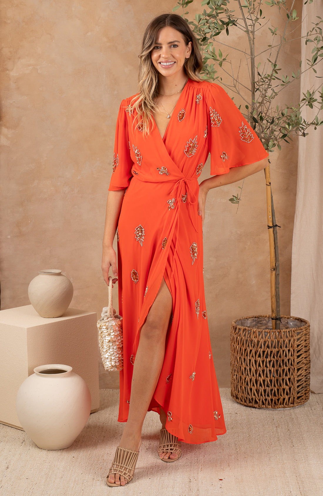 The Alana Embellished Wrap Dress (Orange)