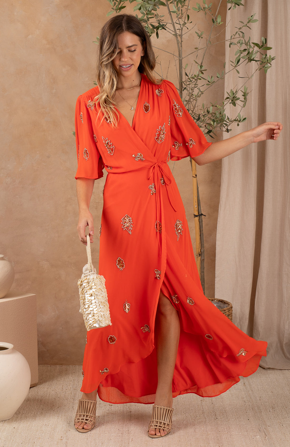 The Alana Embellished Wrap Dress (Orange)