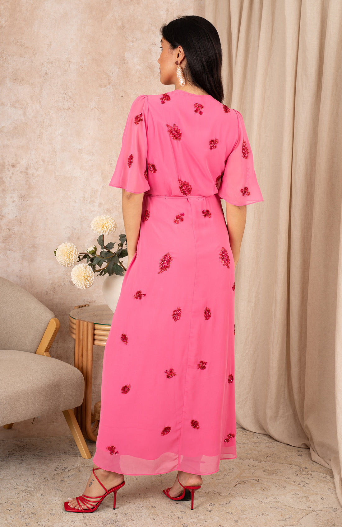 THE HEBE EMBELLISHED WRAP DRESS WITH TIE WAIST AND FLUTTER SLEEVE (PINK/RED)