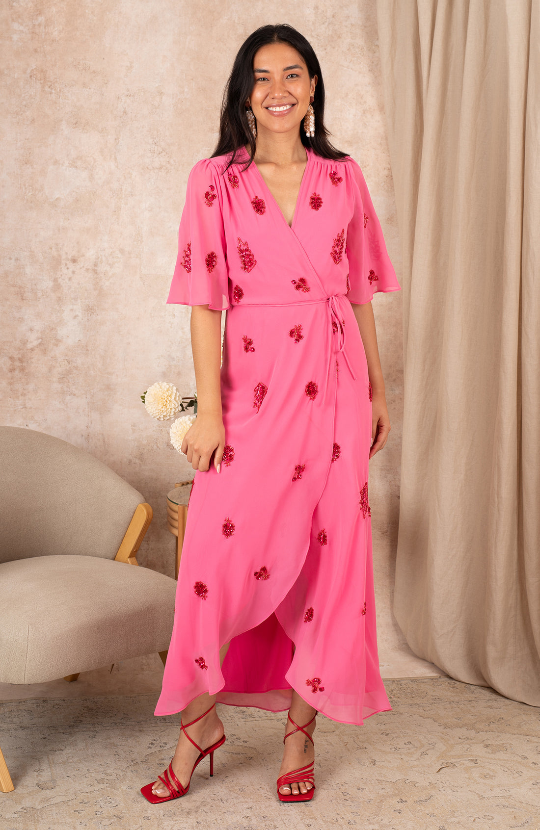THE HEBE EMBELLISHED WRAP DRESS WITH TIE WAIST AND FLUTTER SLEEVE (PINK/RED)