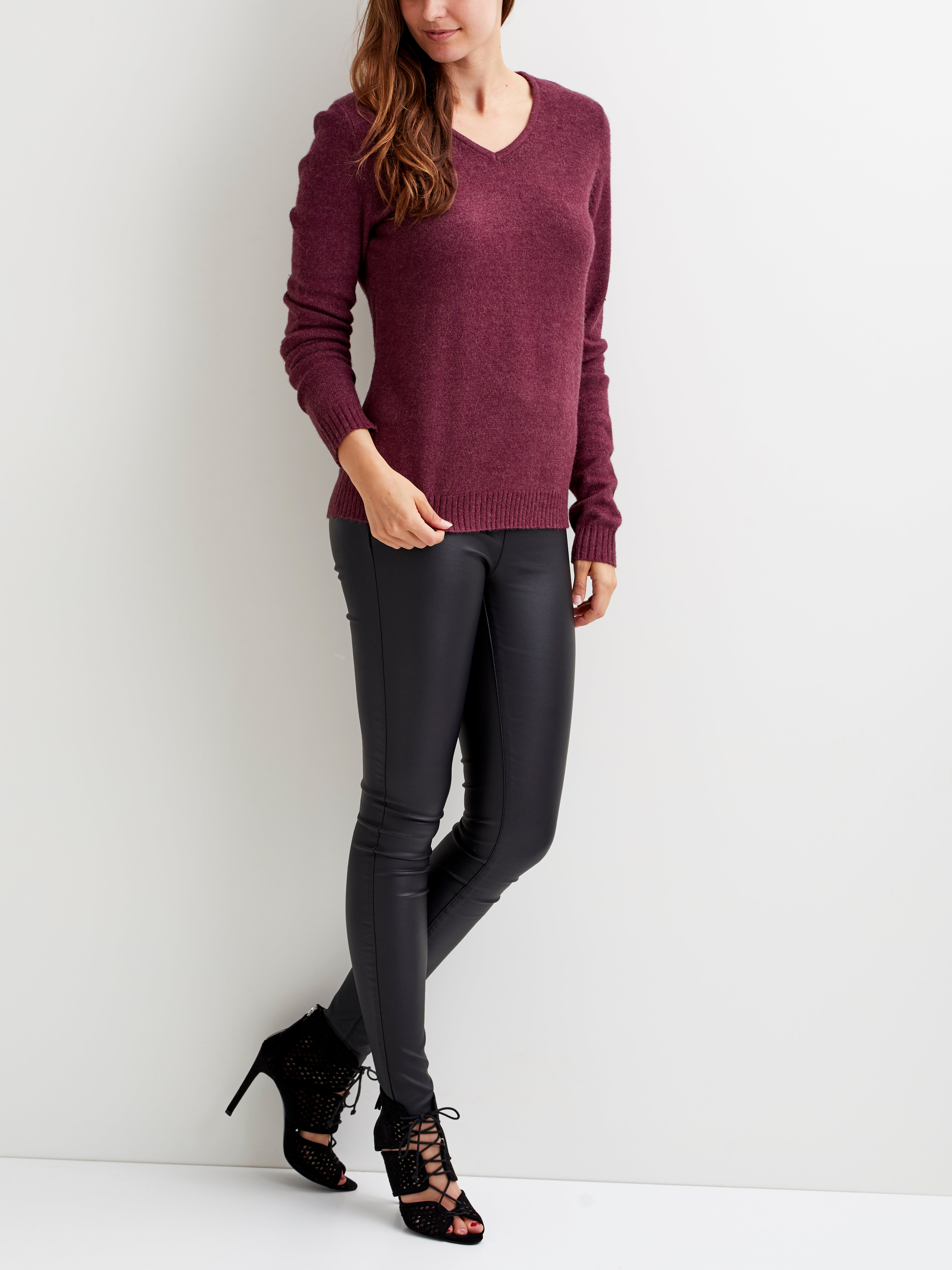 Miela V-Neck Jumper (Dark Fig/Melange)