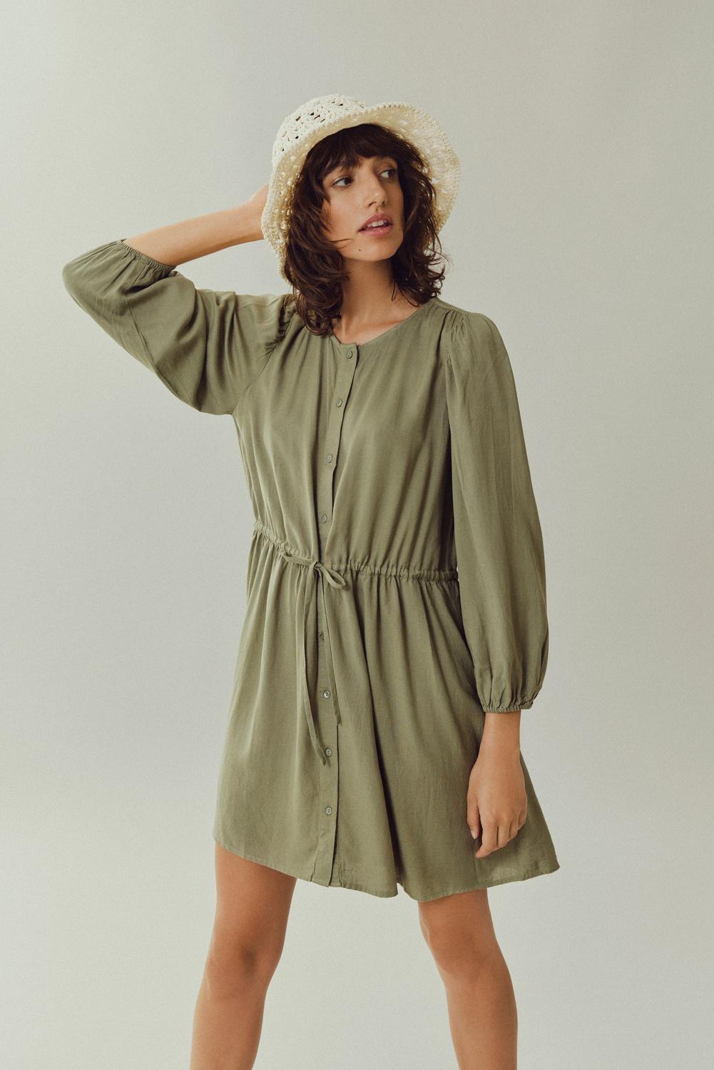 Pricilla O-Neck 7/8 Dress (Oil Green)