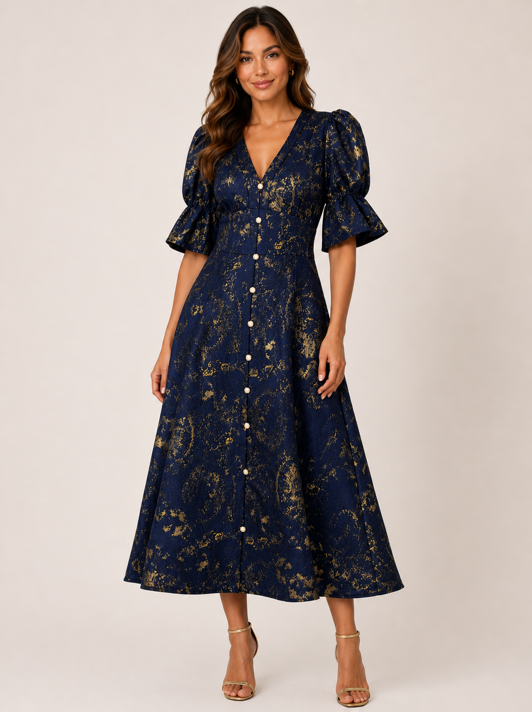 Callie Metallic Midi Dress (Midnight Blue/Gold)
