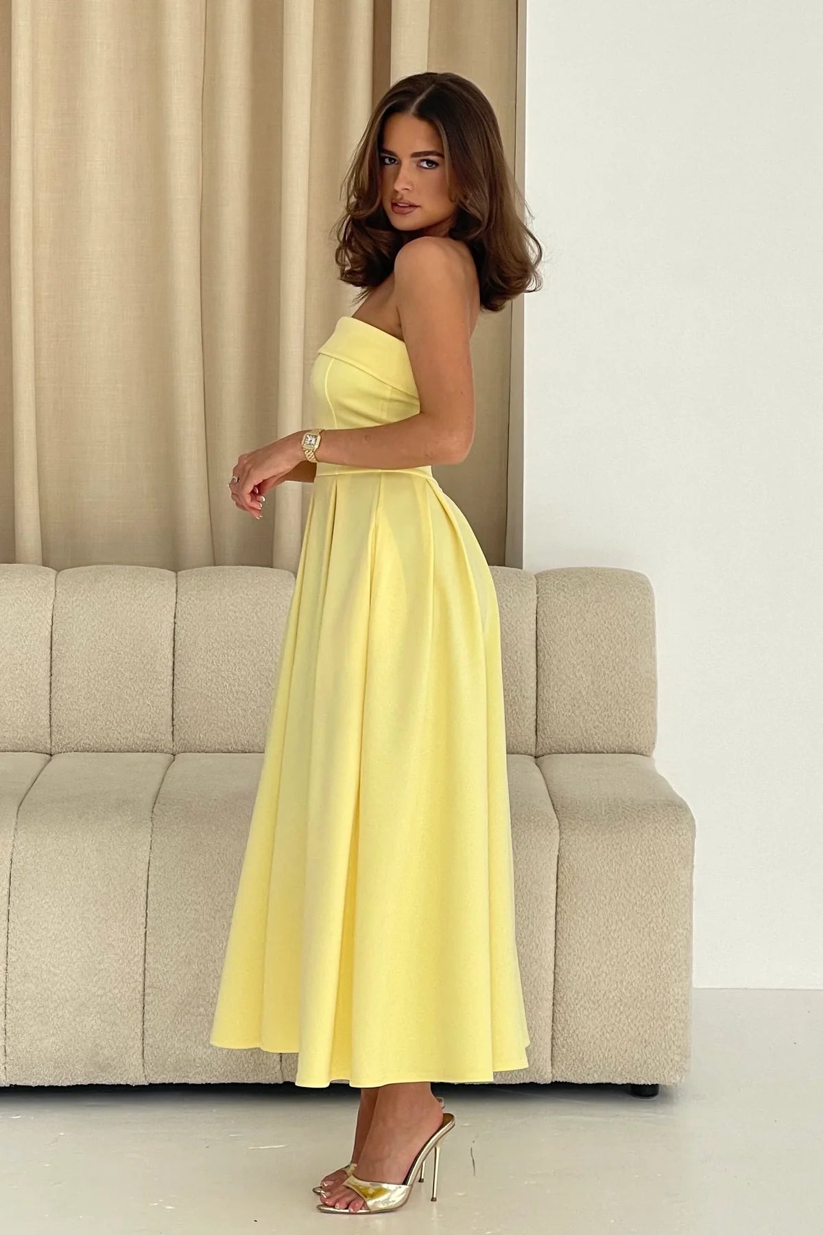 Danni Strapless Bandeau Midi Dress (Yellow)