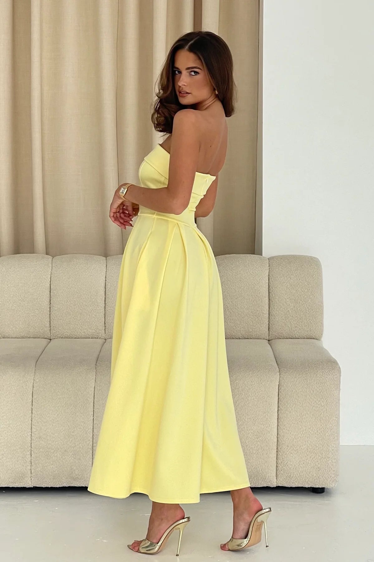 Danni Strapless Bandeau Midi Dress (Yellow)