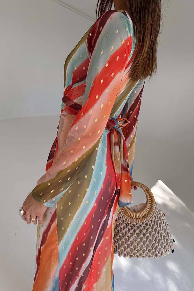 Sunset Stripe Mesh Midi Dress (Orange)