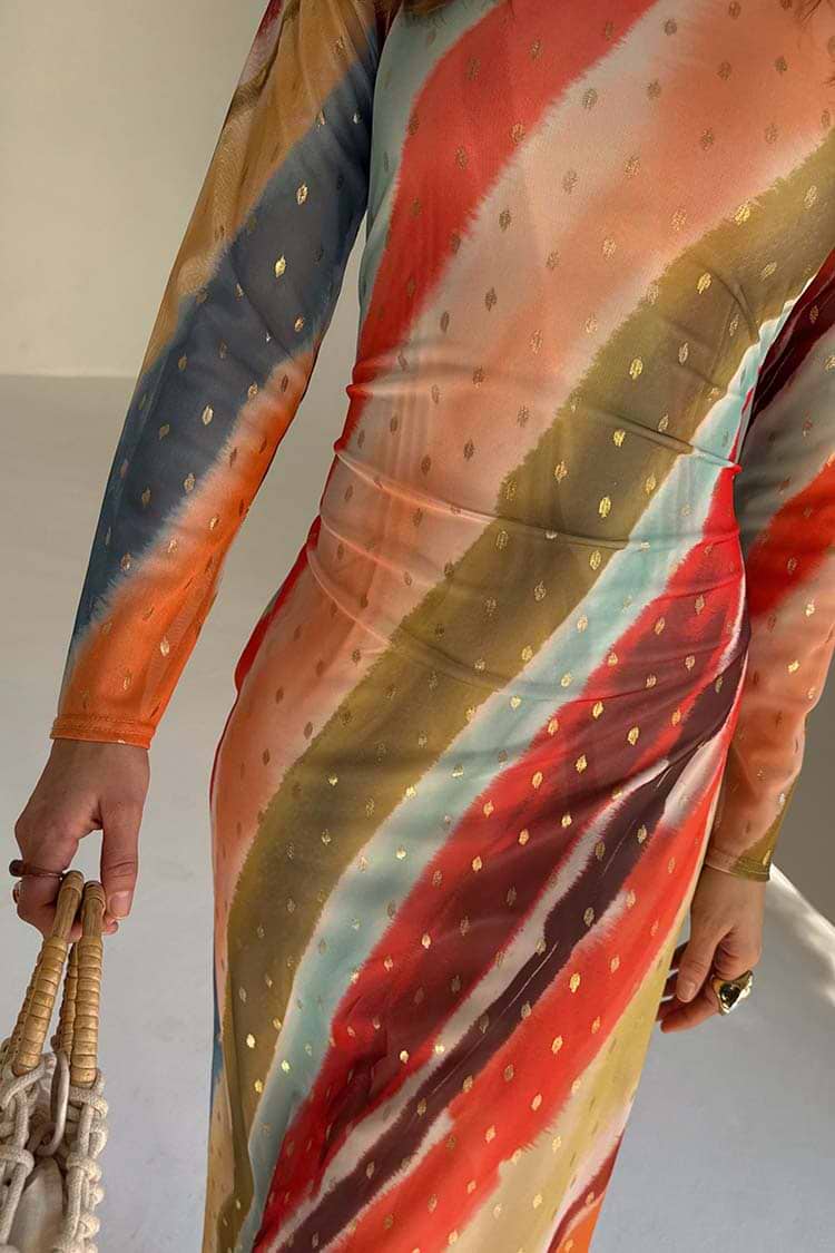 Sunset Stripe Mesh Midi Dress (Orange)