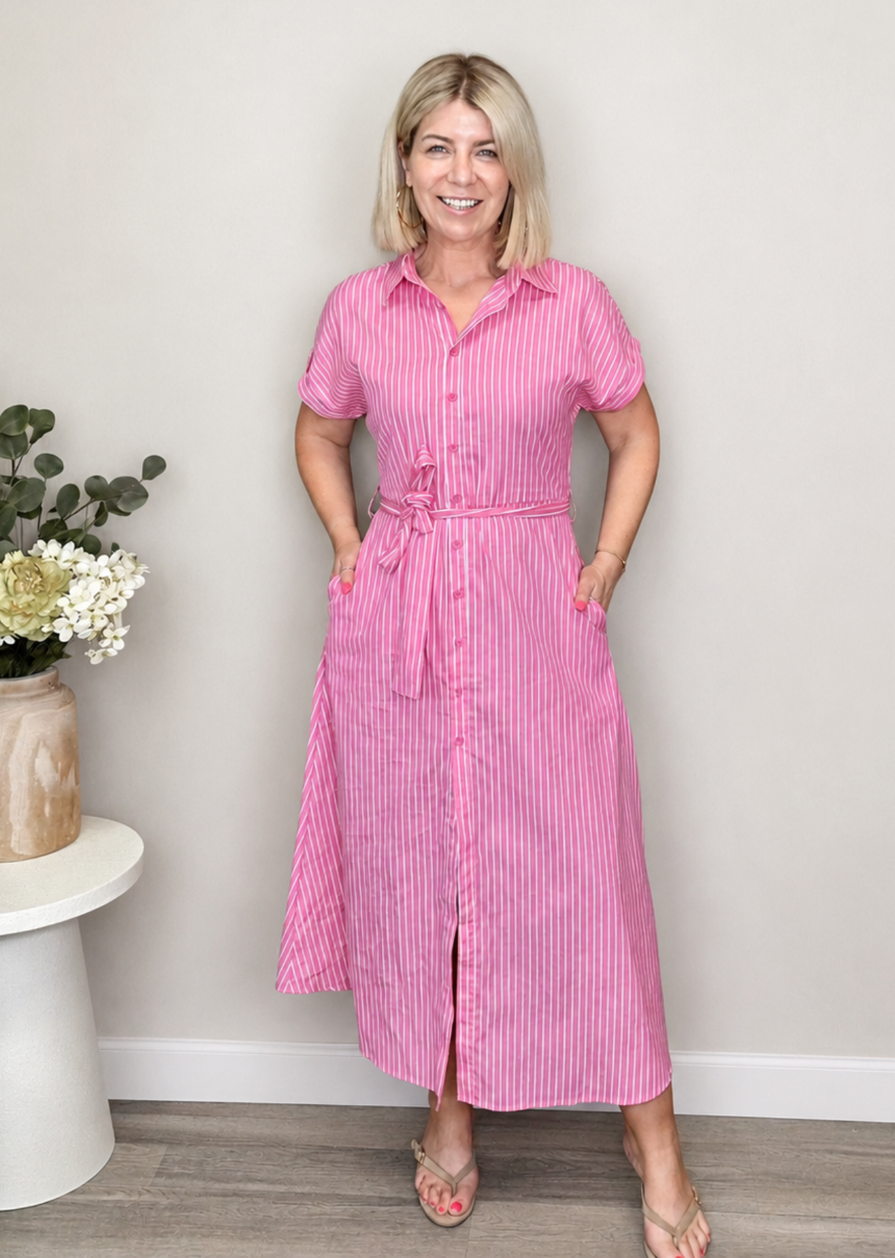 Kiely Shirt Dress (Pink/White)