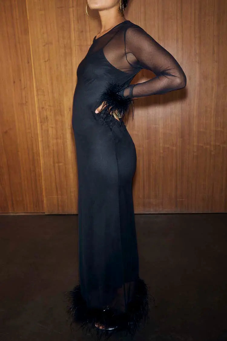 Mesh Feather Trim Dress (Black)