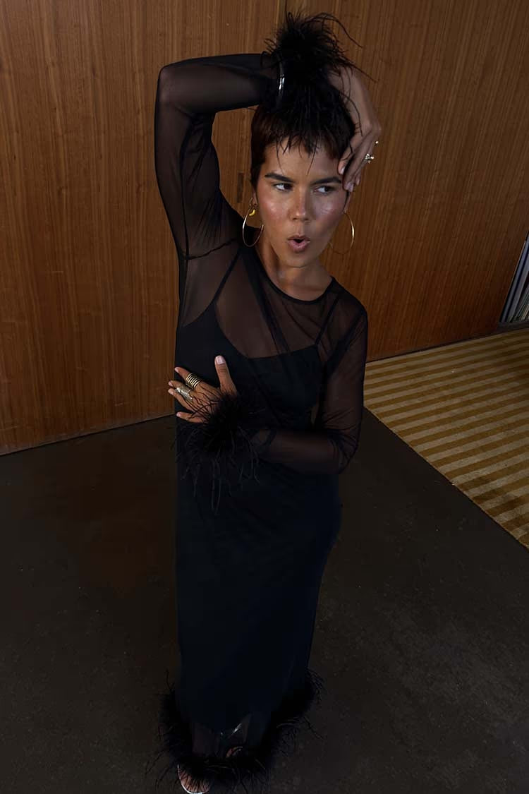 Mesh Feather Trim Dress (Black)
