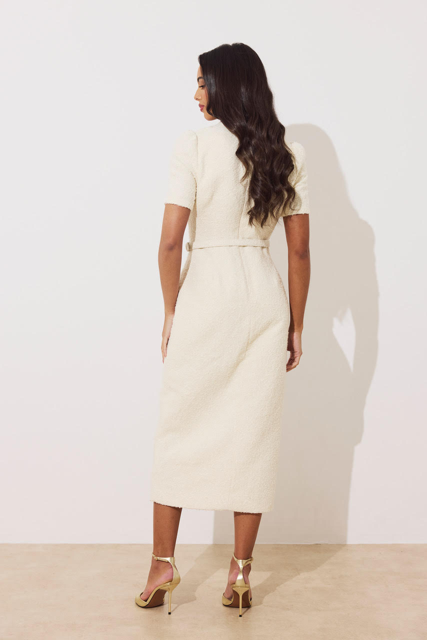 Harriet Tweed Button Detail Midi Dress (Cream)