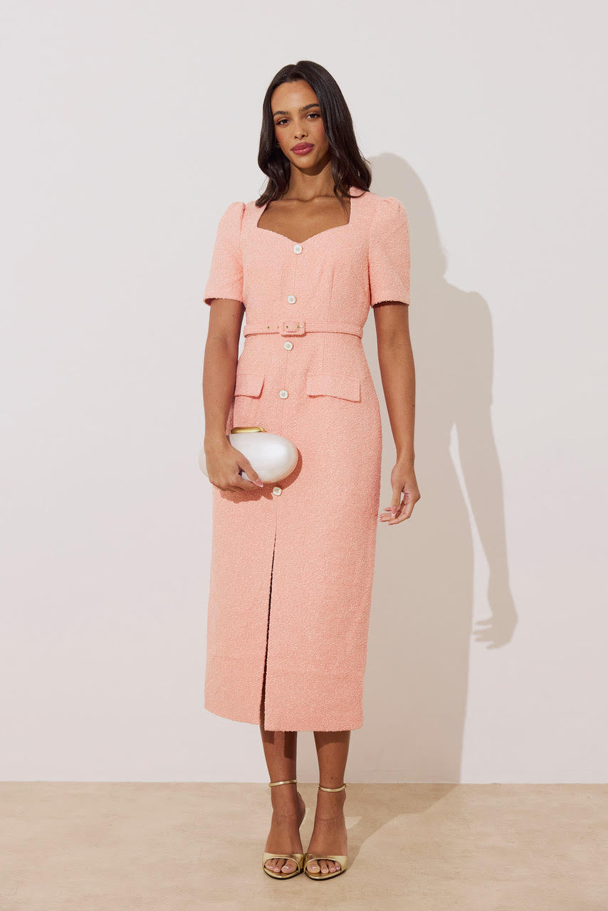 Harriet Tweed Button Detail Midi Dress (Peach)