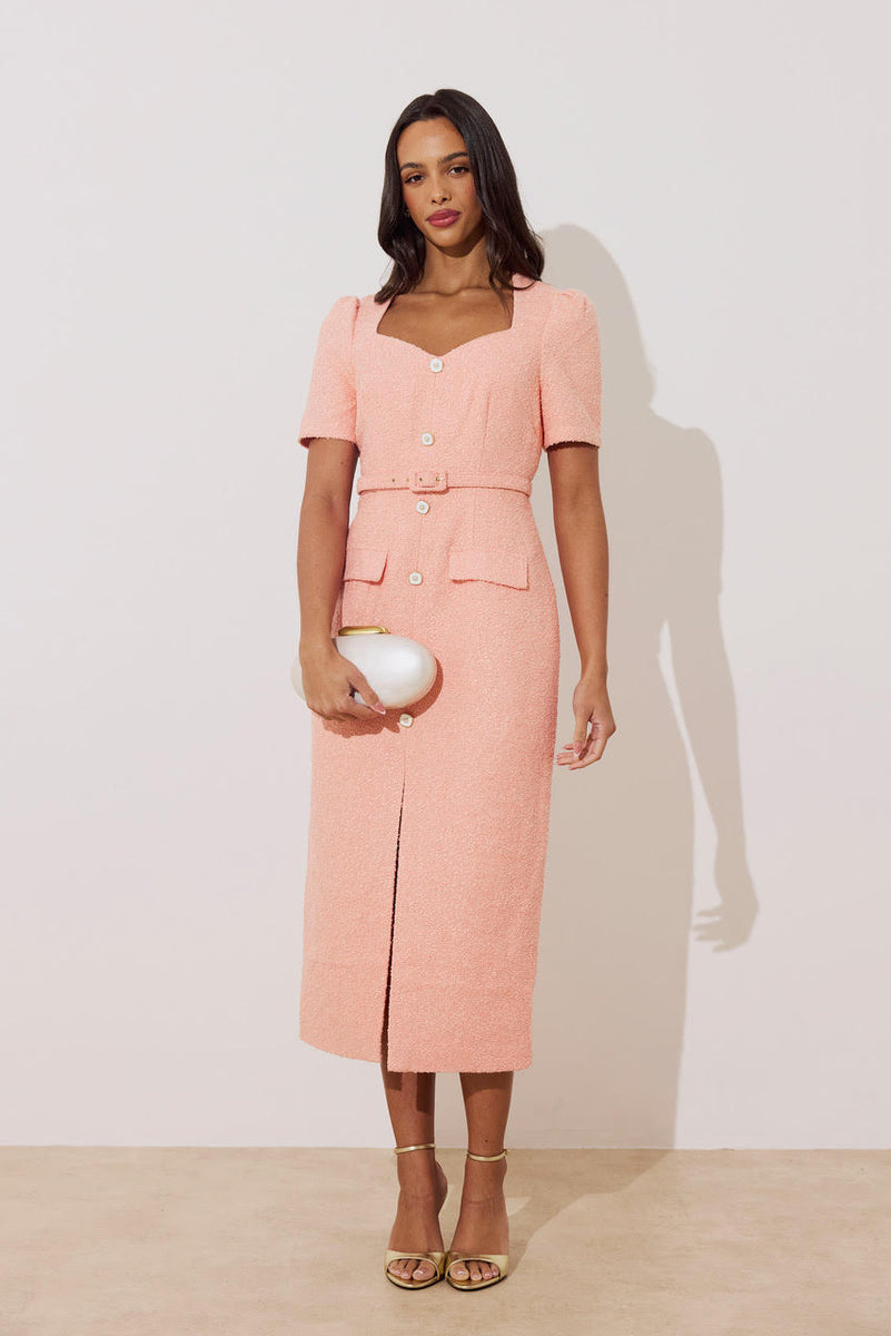 Harriet Tweed Button Detail Midi Dress (Peach) | Love Cherish | Dress