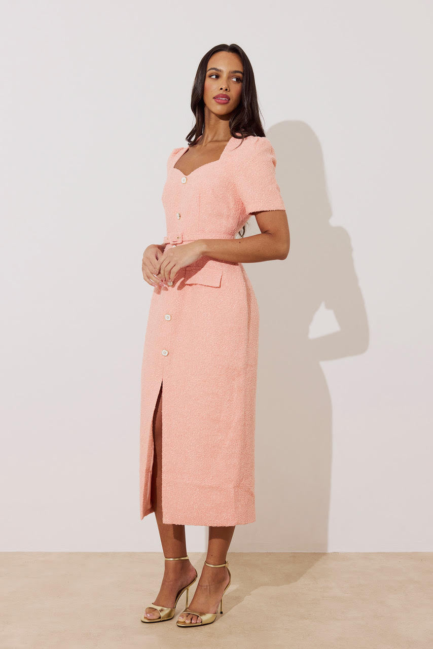 Harriet Tweed Button Detail Midi Dress (Peach) | Love Cherish | Dress