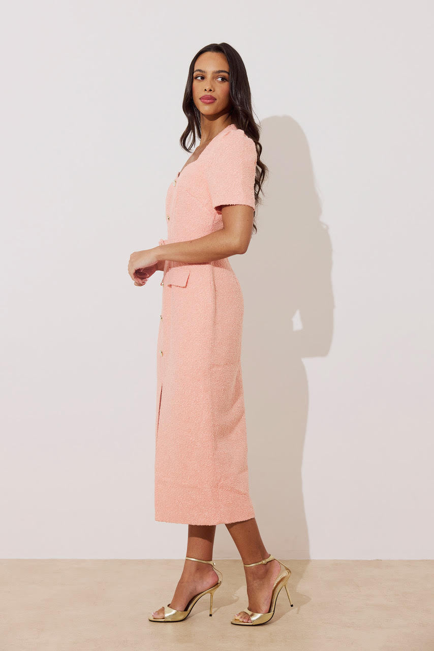 Harriet Tweed Button Detail Midi Dress (Peach) | Love Cherish | Dress