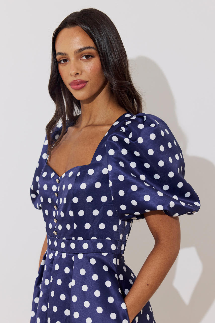 Audrey Puff Sleeve Midi Dress (Polka Dot/Navy)