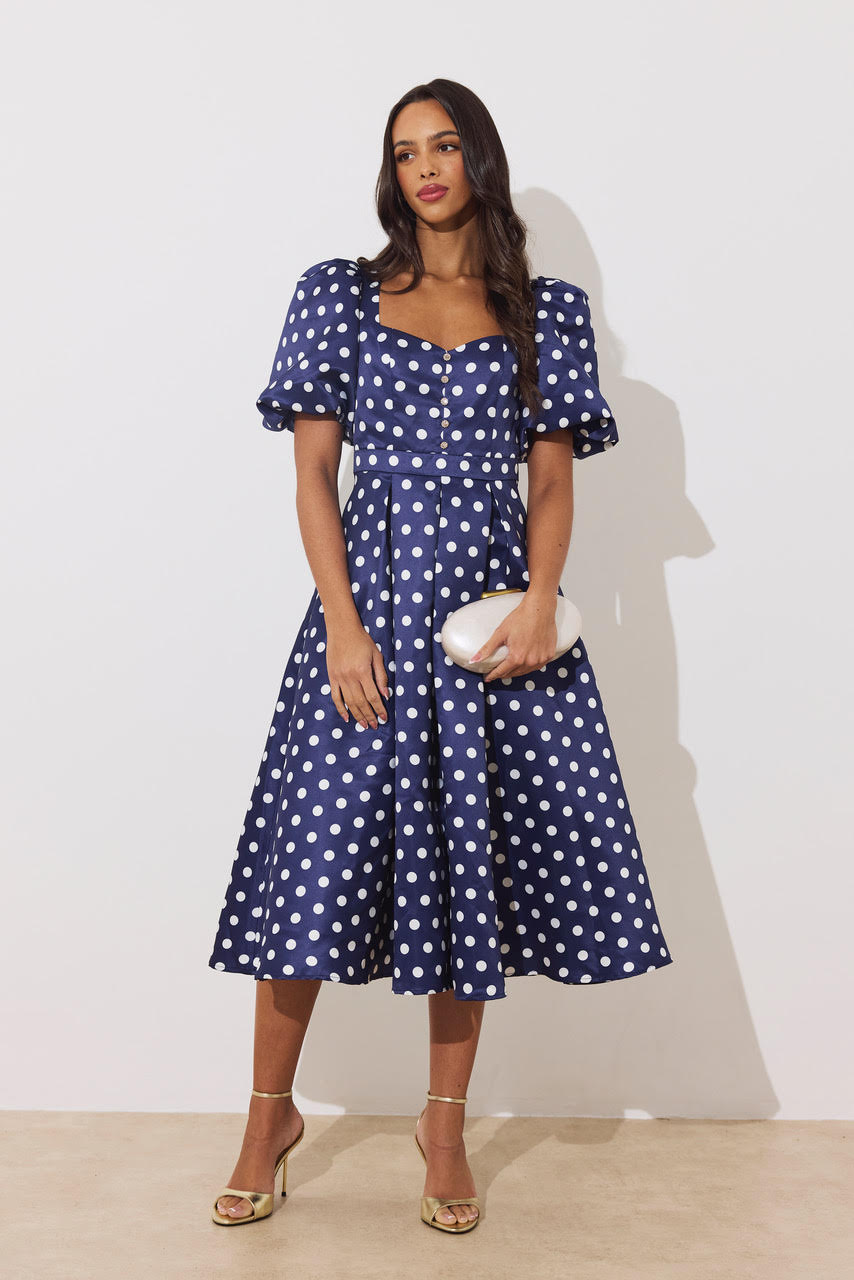 Audrey Puff Sleeve Midi Dress (Polka Dot/Navy)