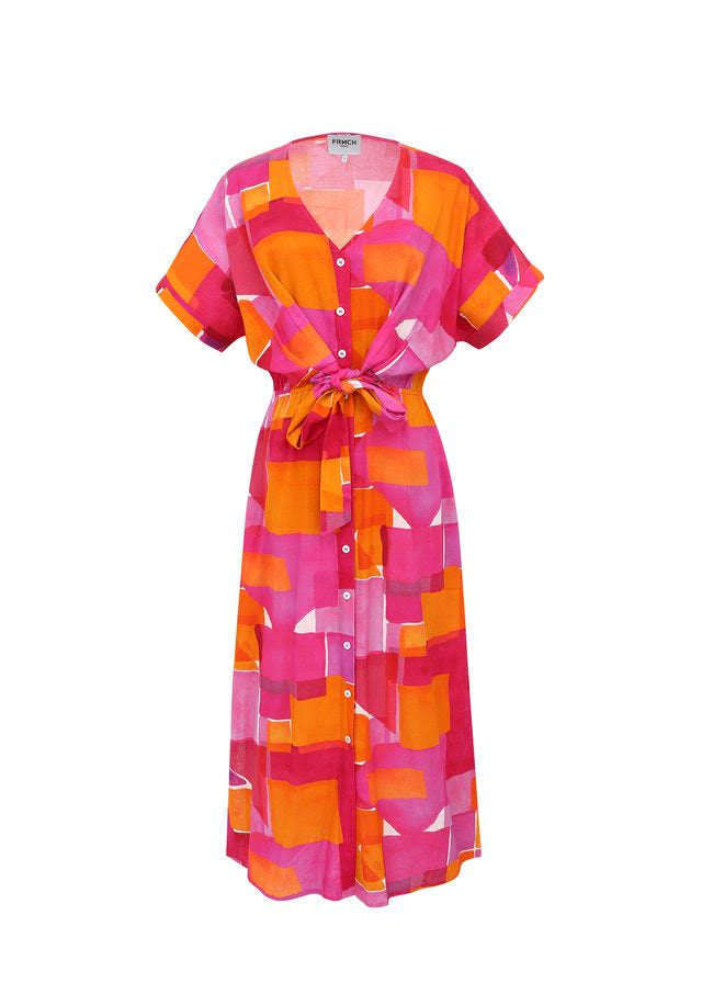 Perrine Short Sleeve Button Dress (Geo Pink)