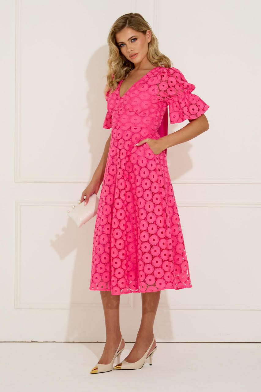 Callie Crochet Lace Bow Midi Dress (Fushia)
