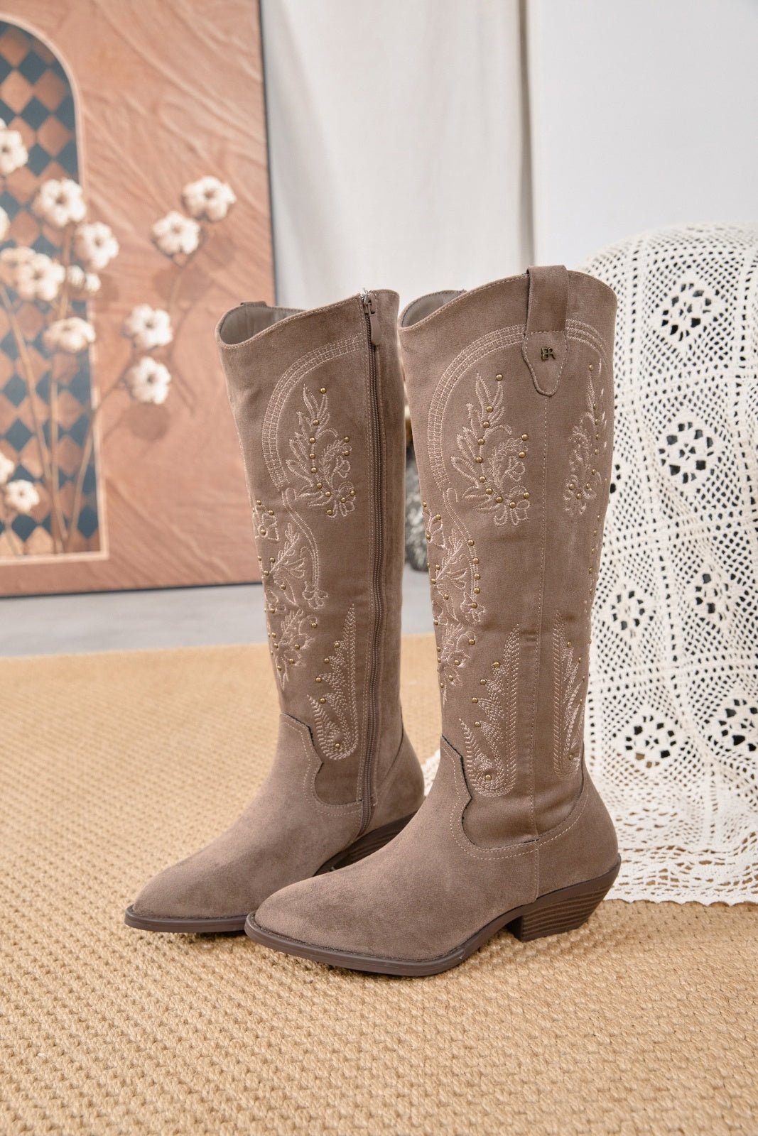 Erin Studded Cowboy Boots (Taupe)