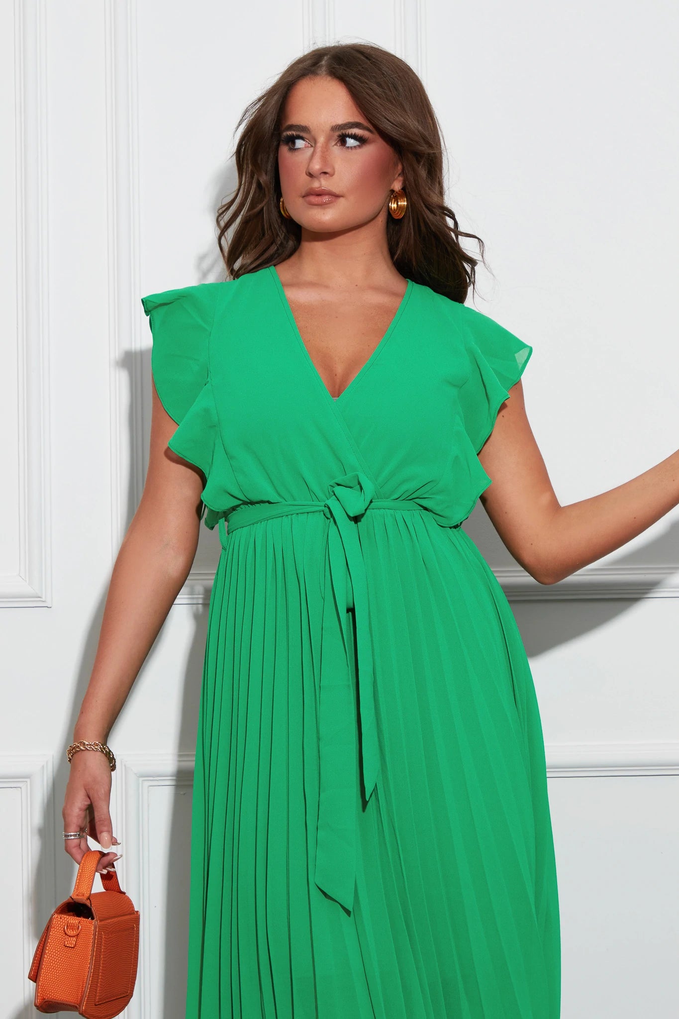 Sylvie Wrap Pleated Midi Dress (Green)