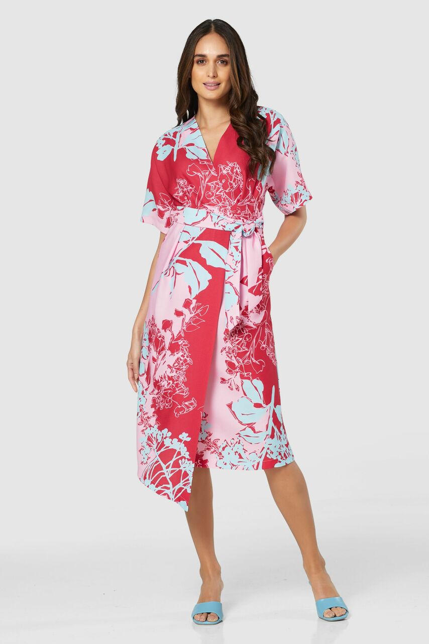 Mia Floral Print Kimono Midi Dress (Pink)