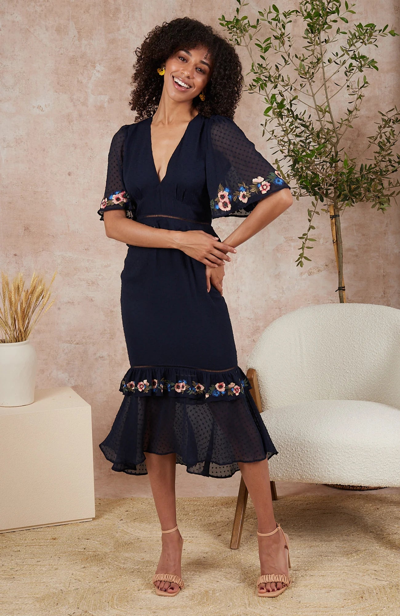 The Lucy Embroidered Midi Tea Dress (Navy)
