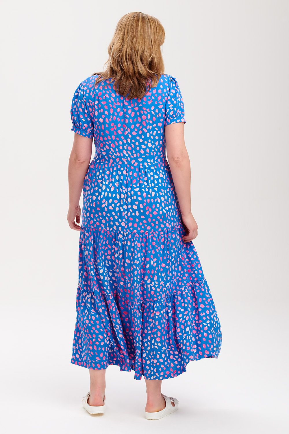 Polly Batik Maxi Tiered Dress Painterly Spot (Blue/Pink)