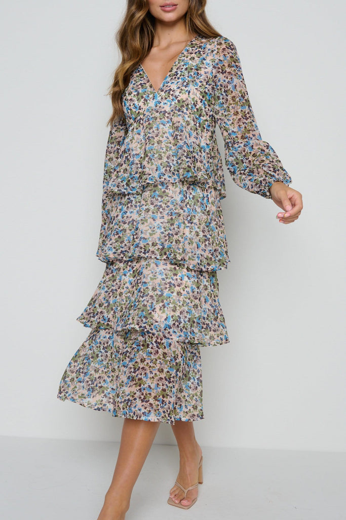 Ashton Ruffle Midi Dress (Ditsy Floral)