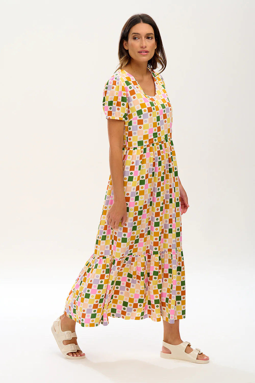 Belinda V-Neck Maxi Smock Dress (Multi, Floral Checkerboard)