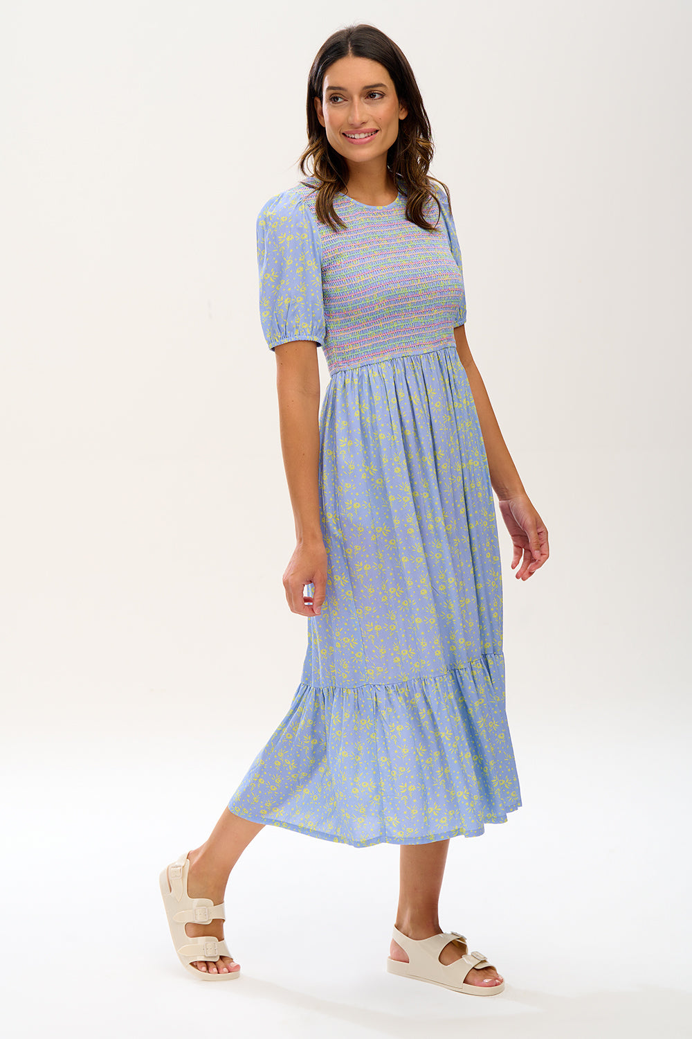 Arrabella Midi Shirred Dress- Blue /Lemon, Star Meadow