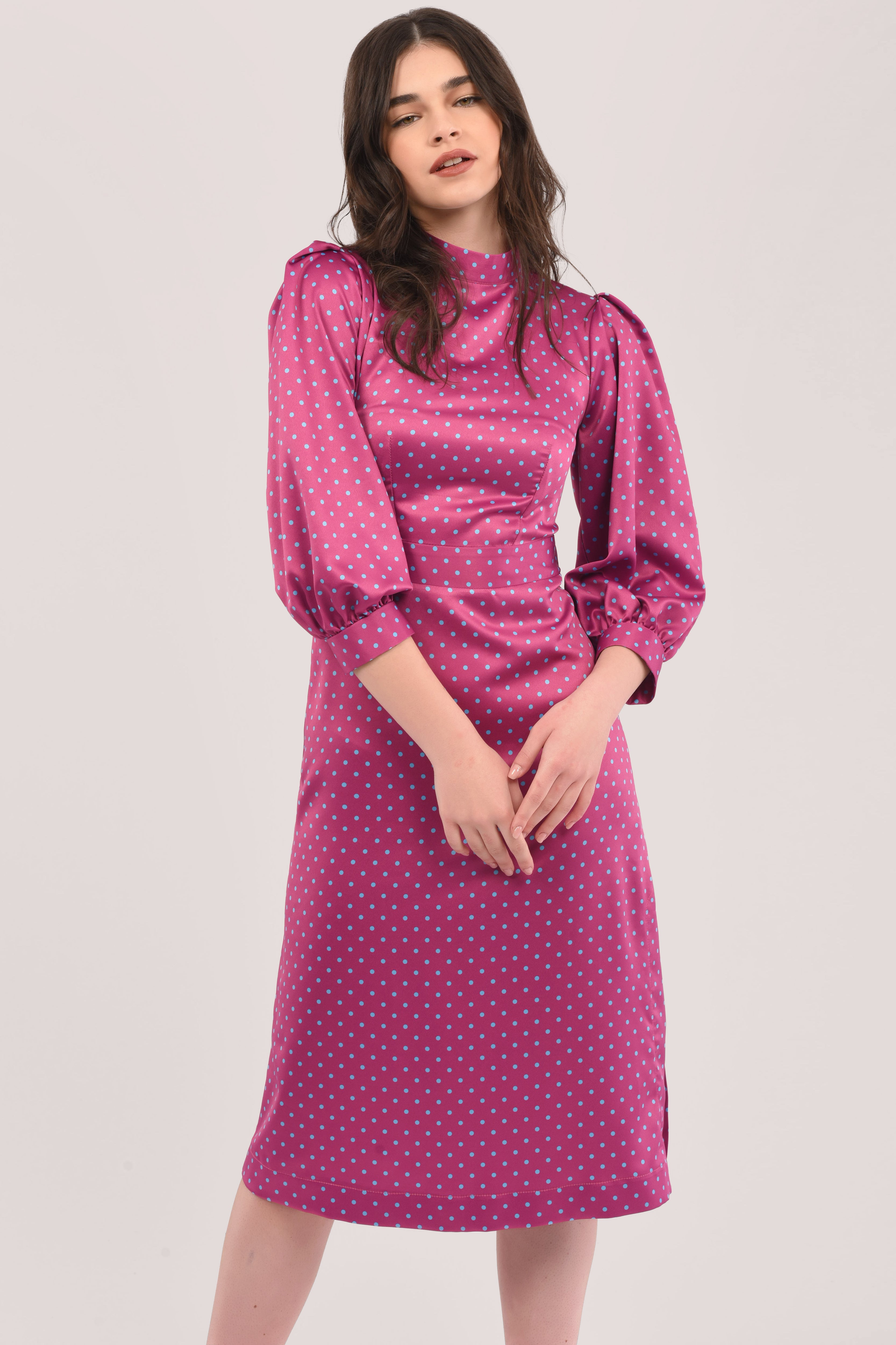 Pleated Sleeve Polka Dot Dress Closet