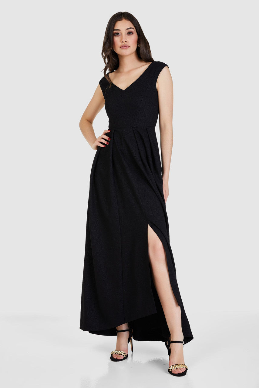 Reese High-Low Pleated Maxi Dress (Black)