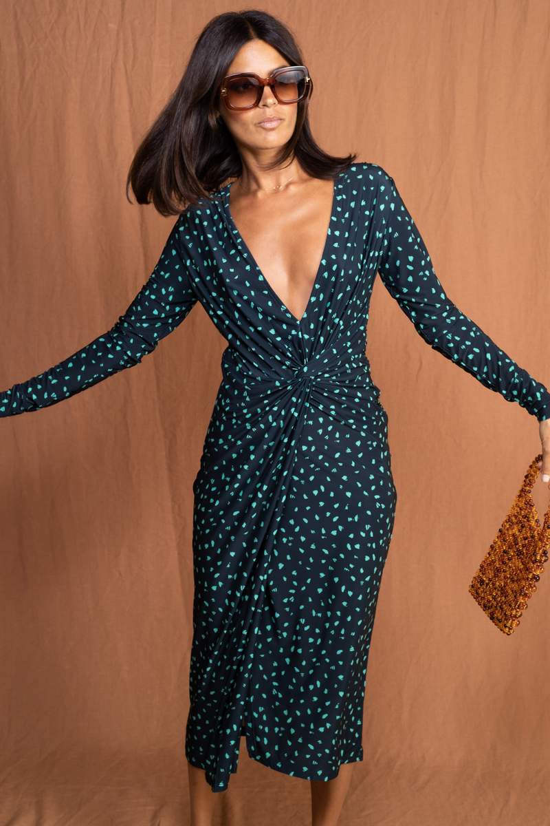 Goldie Midaxi Dress | Abstract Green on Black | Dancing Leopard