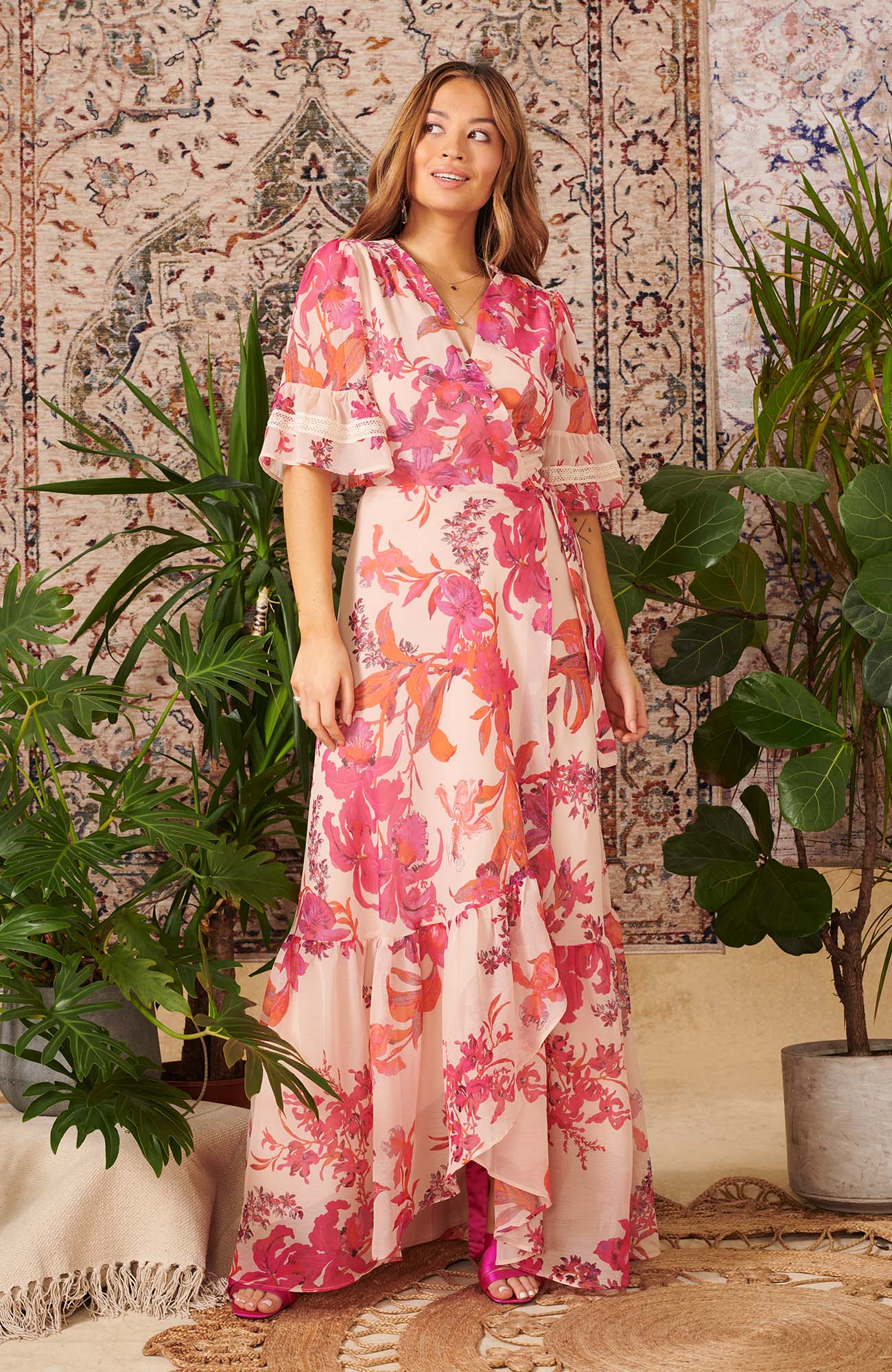 Martina Flutter Sleeve Maxi Dress (Pink)