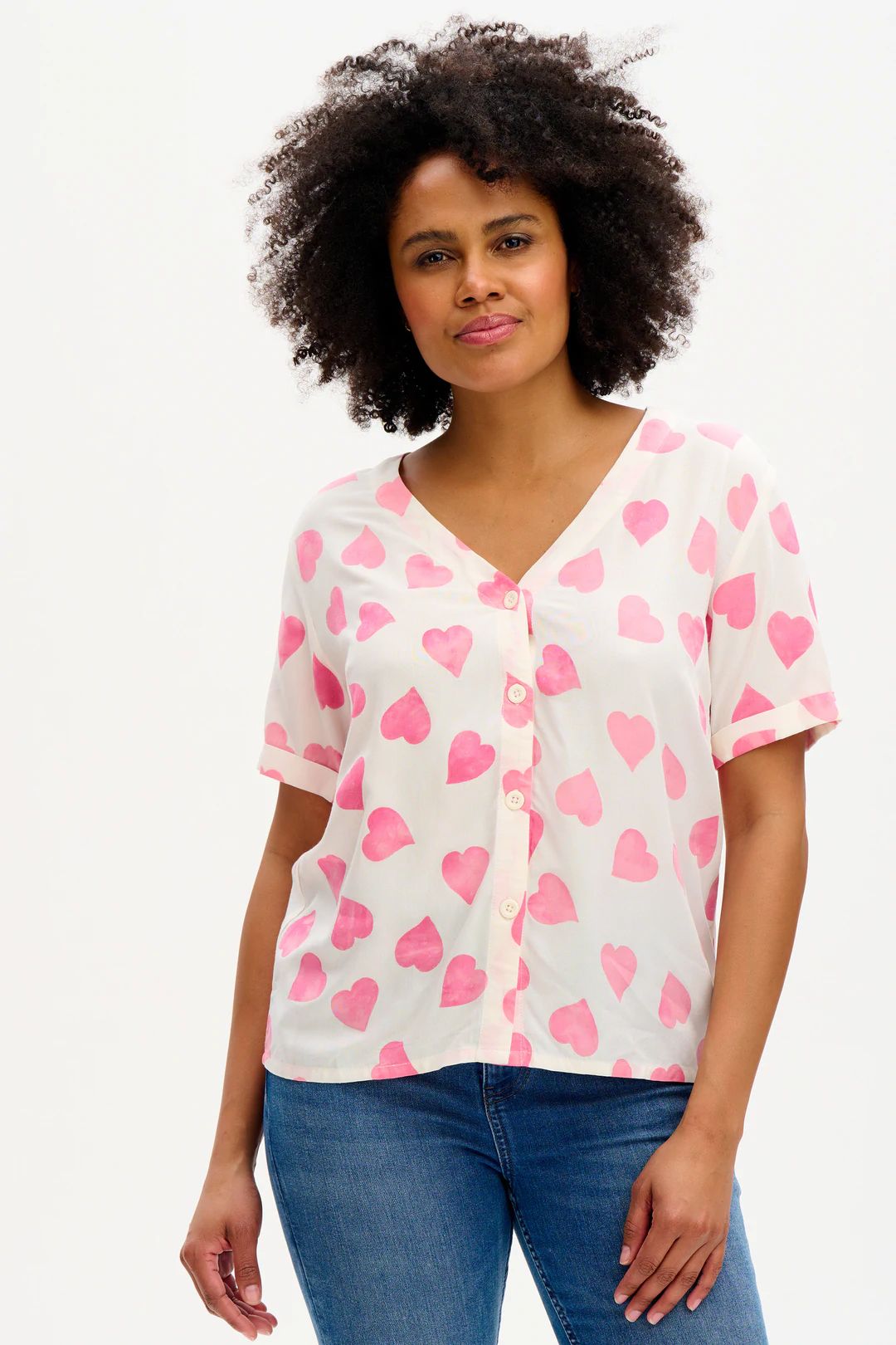 Hatty Batik Shirt | Big Hearts (Off White/Pink)