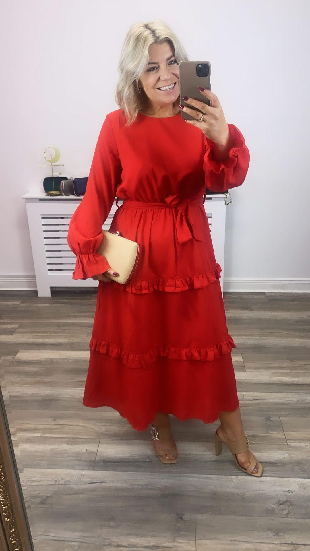 Anna Long Sleeve Midi Dress (Red)