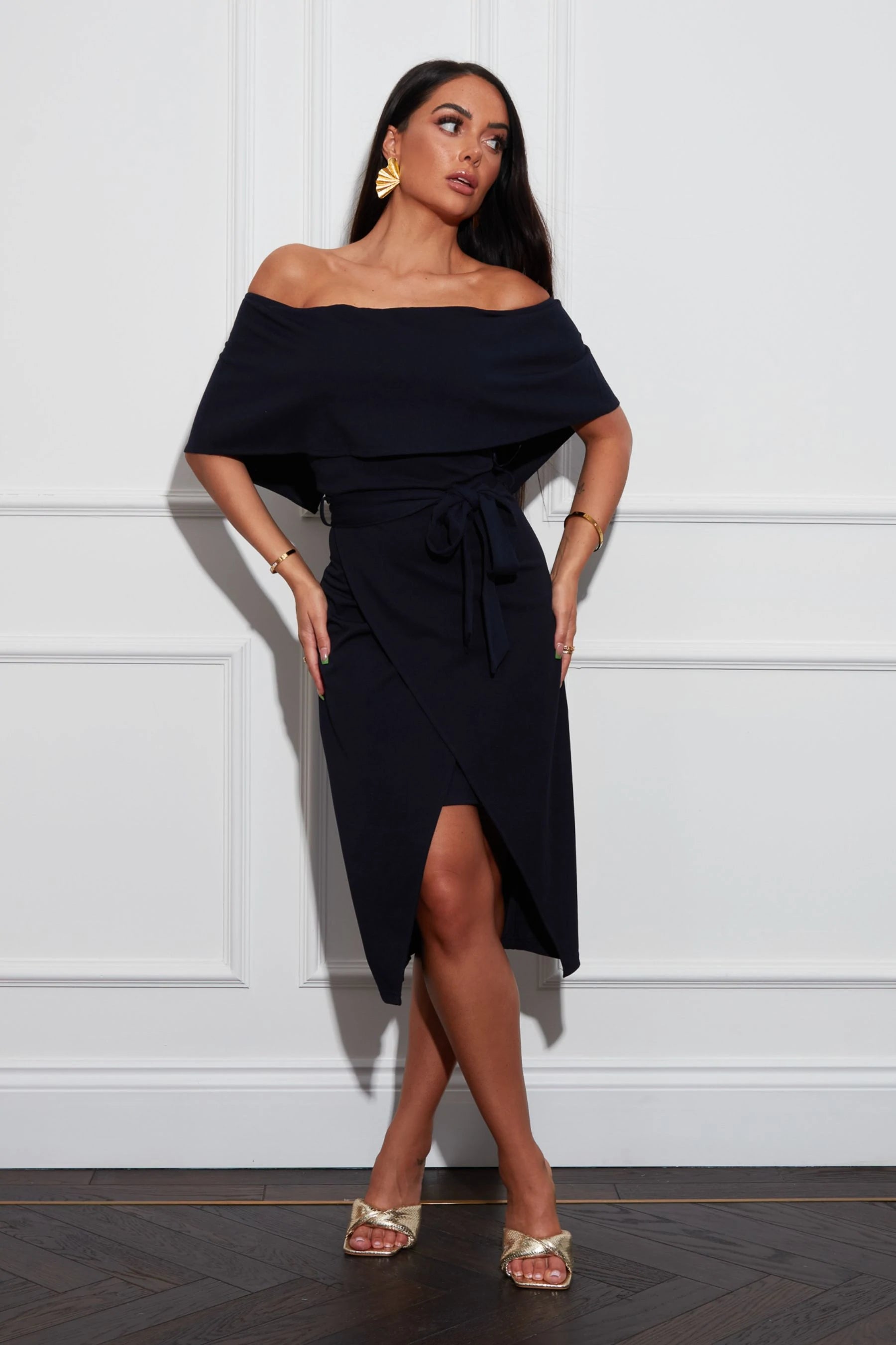 Lucia Navy Off The Shoulder Midi Dress (Navy)